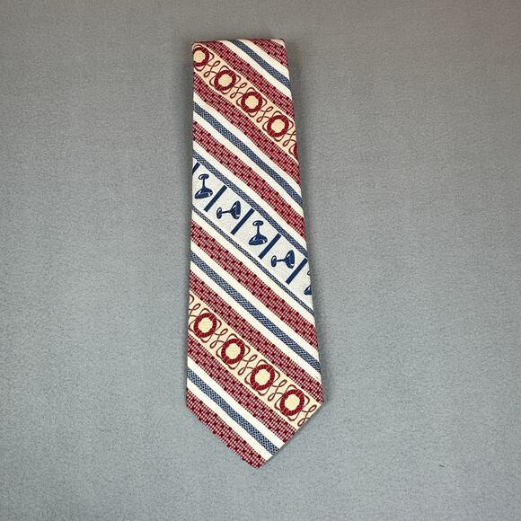 Vintage Mens Tie Red White Blue Geometric Nautical Print Wide 80s Retro NeckTie - Picture 7 of 7